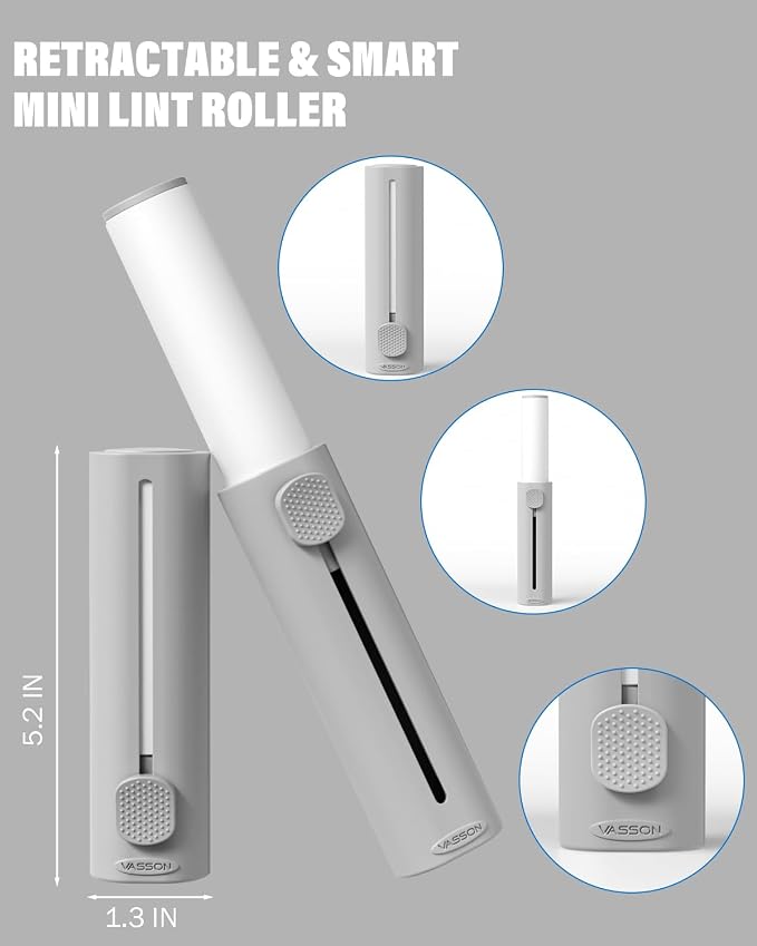 VASSON Mini Lint Roller for Pet Hair - 150 Extra Sticky Sheets Total (3 Rolls x 50) - Travel Lint Remover for Clothes, Furniture, Lint, Fuzz - Value Pack (1 Roller + 3 Refills)