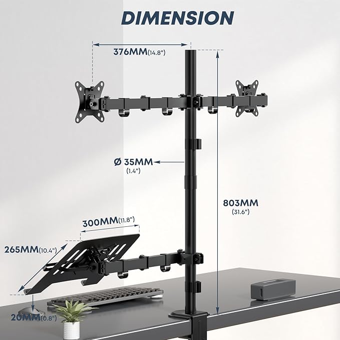 Dual Monitor Stand and Laptop Mount Fit Two 17 to 32 Inch Monitor and 10 to 15 Inch Laptop,Extra Tall Adjustable Stand,19.8 lbs Weight Capacity per Arm,Black