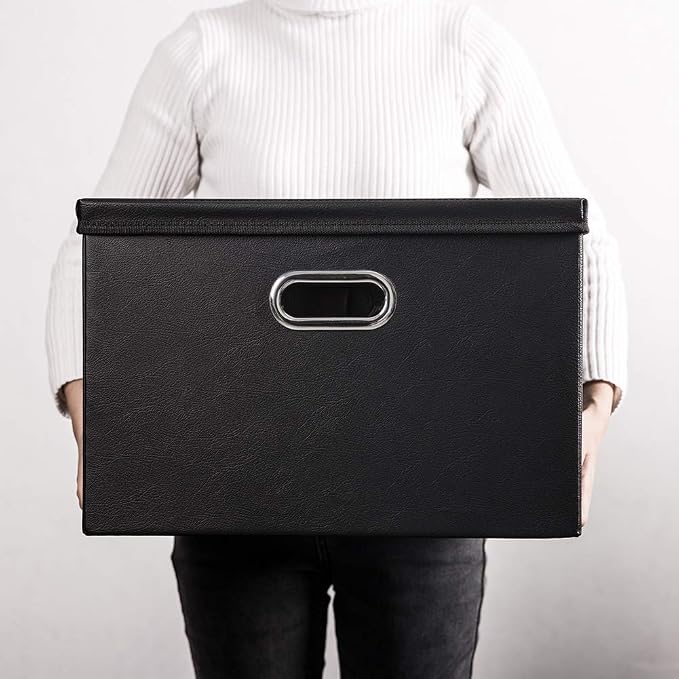 PRANDOM Large Collapsible Storage Bin with Lid [1-Pack] Leather Fabric Foldable Storage Box Organizer Containes Basket Cube with Cover for Home Bedroom Closet Office Nursery Black (17.7x11.8x11.8)