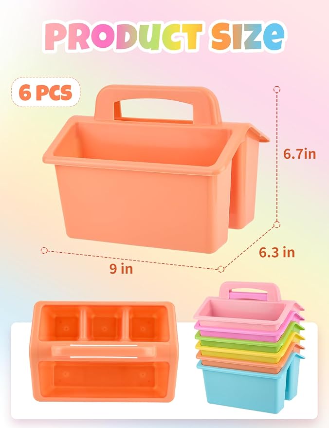 6 Pack Classroom Caddy Organizer with Handle, Table Caddy Classroom | 4 Compartments, 9×6.3×6.7 inches, Thick Durable PP Plastic, Built-in Handle, Stackable Design, for Classroom Desk Office Home