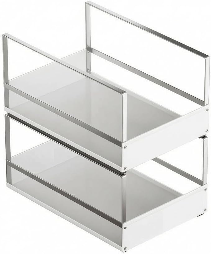 Pull out Cabinet Organizer Metal Frame Pull-out Basket Rectangular, Large White Pull-out Basket