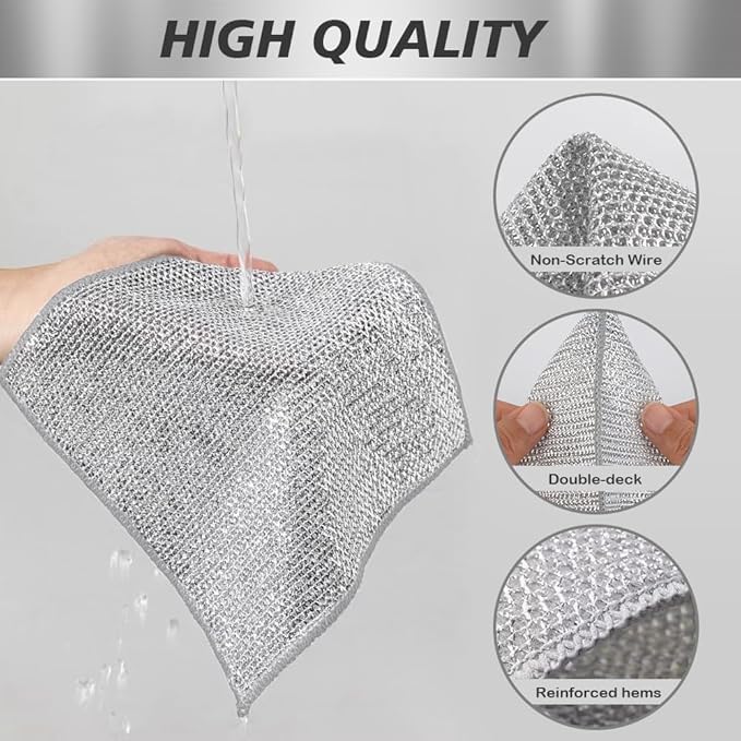 Multipurpose Wire Dishwashing Rags for Wet and Dry, Non-Scratch Wire Dishcloth Reusable Dishwashing Rags Premium Scrubbing Pads Sponge Clean for Home Kitchen Cooktop (Pack of 10)