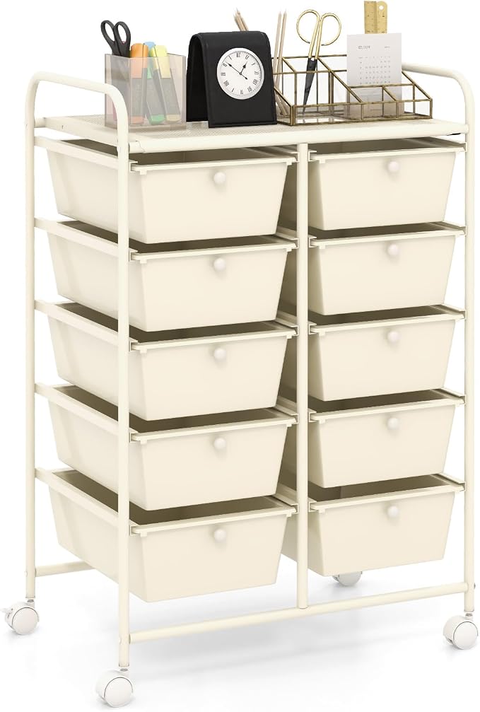 HAPPYGRILL 10-Drawer Rolling Storage Cart, Storage Organizer Cart with Lockable Wheels, Beauty Salon Movable Utility Cart for School, Office, Home, (Ivory)