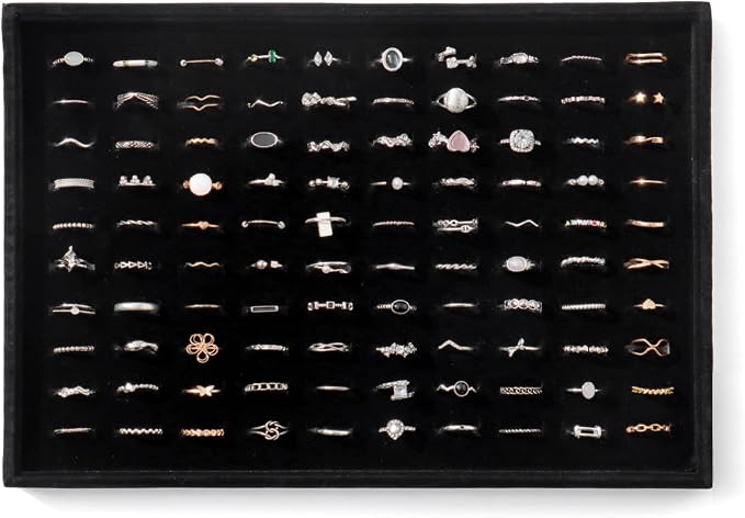 Large Jewelry Organizer for Drawer Insert Velvet Stackable Jewelry Trays for Earring Necklace Bracelet Ring Display (Black, Ring 100 Slots)