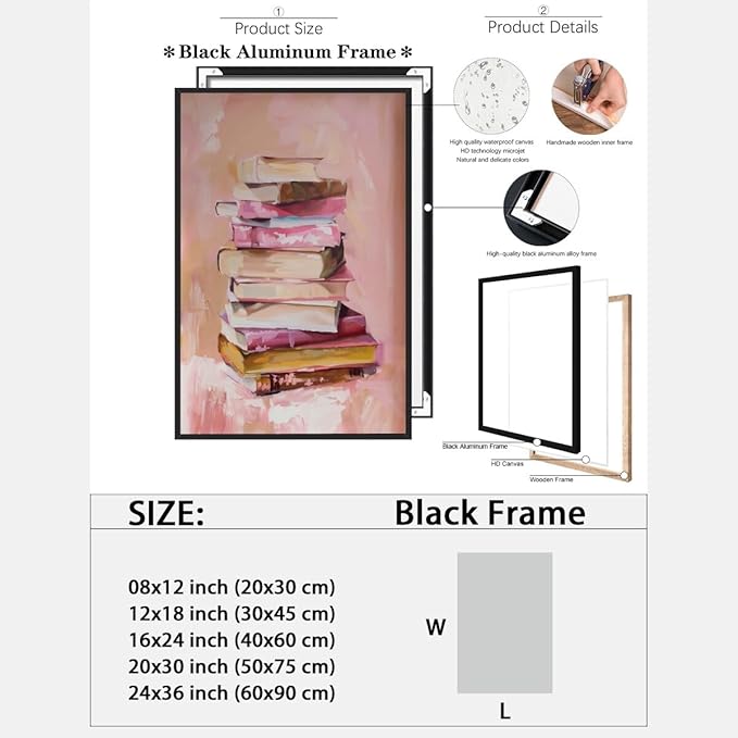 Pastel Book Stack Art Aesthetic Poster Canvas Wall Art Decoration Living Room Home Decor Bedroom Decoration Poster black framed16x24inch