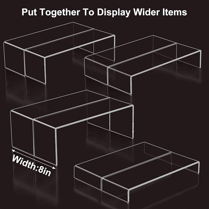 Acrylic Display Riser Stand, 12" 8Pc 5mm Tiered Shelf Risers for Cupcake | Clear multi-size plastic steps rack matching perfume, jewelry, pop collectibles. Stackable food buffet table setup