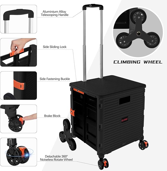 SELORSS Foldable Utility Cart Collapsible Crate Rolling Carts with Stair Climbing Wheels Rolling Tote Basket Teacher Cart with Lid Wear-Resistant 360°Rotate Wheel Noiseless for Moving Office-Black