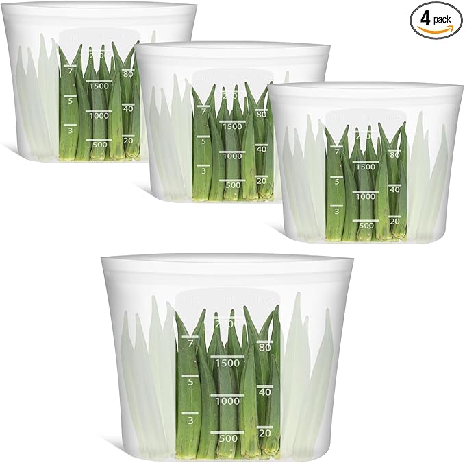 Reusable Food Storage Bags Half-Gallon, 4 Pack 100% Silicone Food Storage Bags Stand-Up Wide-Mouth Zip-Lock for Large Items, 67 fl.oz/2000 ml, Freezer Microwave Oven Dishwasher Safe, Translucent