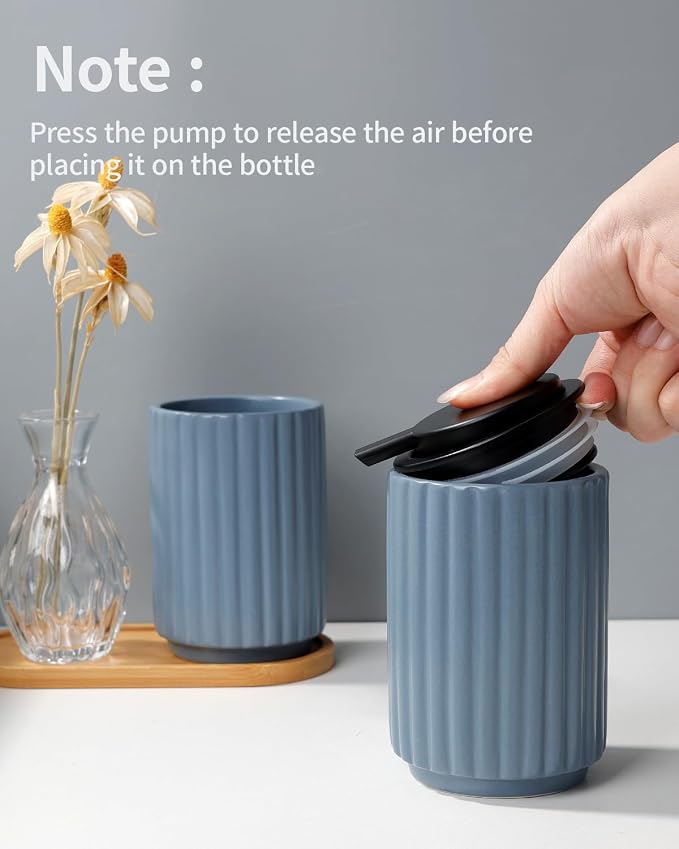 Soap Dispenser, Liquid Ceramic Refillable Hand Soap Pump for Bathroom Kitchen, 10.5OZ Lotion Dispenser Dish Soap Dispenser, Gray Blue, Modern Stripe Design, ANTIS'S HOME