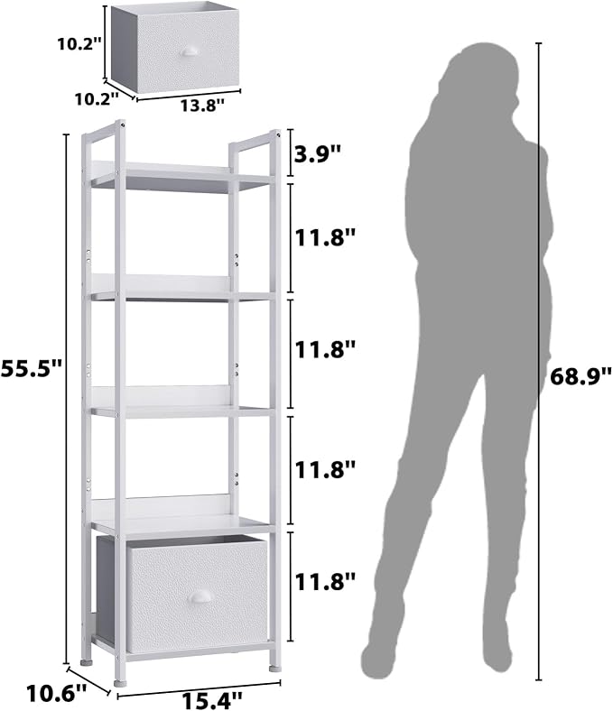 Furologee 5 Tier Bookshelf with Drawer, Tall Narrow Bookcase with Shelves, Wood and Metal Book Shelf Storage Organizer, Modern Display Standing Shelf Unit for Bedroom, Living Room, Office, White