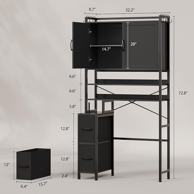 Over the Toilet Storage Cabinet with Doors, 2 Large Drawers & 6 Hooks, Over the Toilet Organizer with Toilet Paper Holder, Over the Toilet Storage for Bathroom, Laundry Room, Black