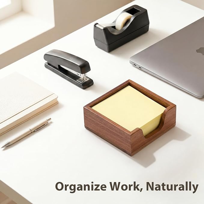 Wooden Sticky Note Holder for 3 x 3 Notes, Sticky Note Dispenser for Desk, Modern Post It Note Holder, Office Desk Organizer Accessories for Workspace