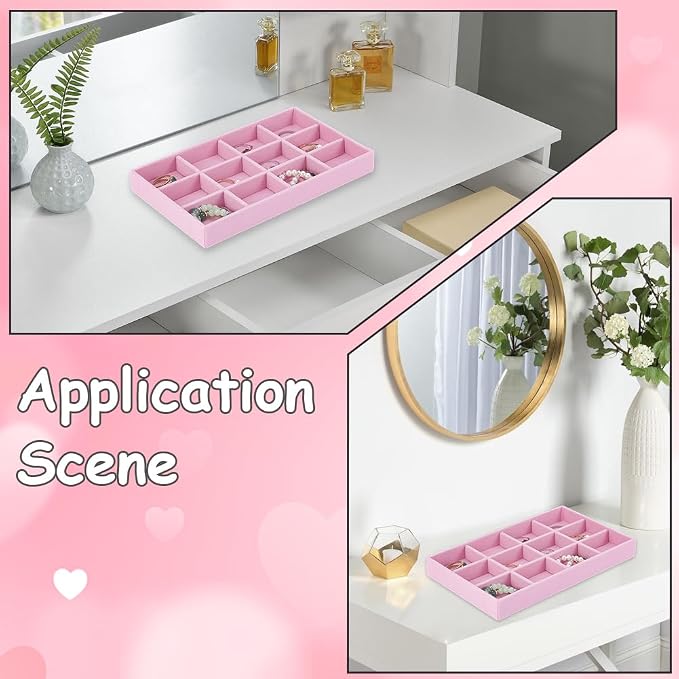 2Pcs Velvet Jewelry Drawer Organizer Trays Stackable Velvet Jewelry Organizer Bulk Pink 12 Girds Stylish Drawer Inserts for Ring Earring Holder Necklace Bracelet Storage Display Women Adults