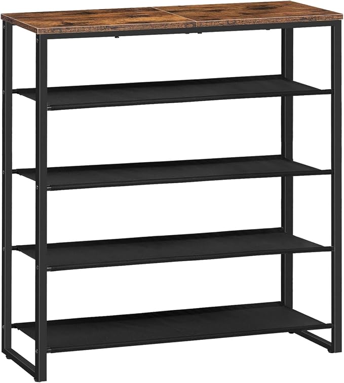 HOOBRO Shoe Rack, 5 Tier Shoe Storage Organizer with 4 Oxford Fabric Shelves and Top Panel, Holds 16-20 Pairs of Shoes, for Entryway and Closet, Industrial, Rustic Brown BF50XJ01