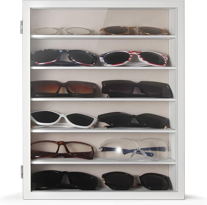 TJ.MOREE Sunglass Organizer Wall Mounted Glasses Holder Display Case 6 Tier | 13 x 15.6 inches Wooden Storage Box for Multiple Pairs Eyeglasses Sports Sunglasses