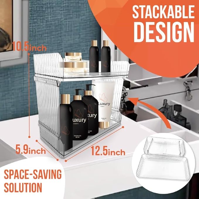 Skywin TidyFriend Stackable Plastic Storage Bins Open Front, 2-Tier Acrylic Pantry Organizer Bins With Linear Design for Kitchen, Toy Organizers and Bathroom Essentials (Clear)