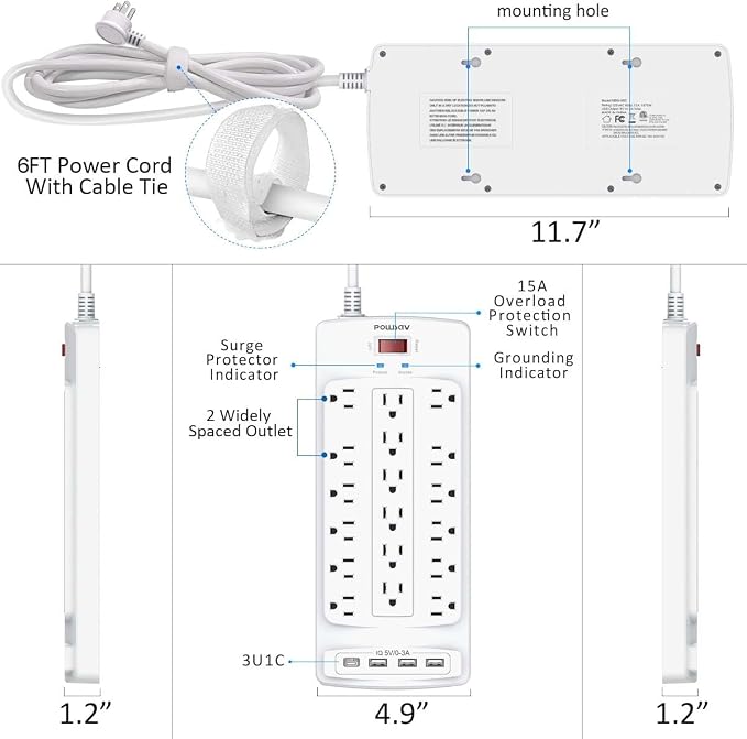 18 Outlets Surge Protector Power Strip - 6 Feet Flat Plug Heavy Duty Extension Cord with 18 Widely Outlets and 4 USB Ports, 2100 Joules, White, ETL Listed
