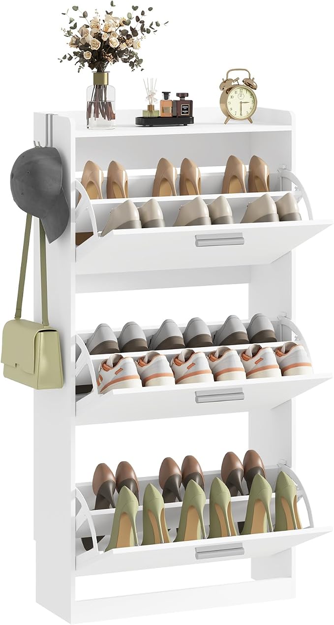 Shoe Cabinet Organizer with 3 Flip Drawers & 3-Tier Adjustable Shelves, Freestanding Shoe Rack Cabinet, Narrow Shoe Storage for Entryway, Foyer, Hallway, 23.6" W × 8.7" D × 47.2" H, White