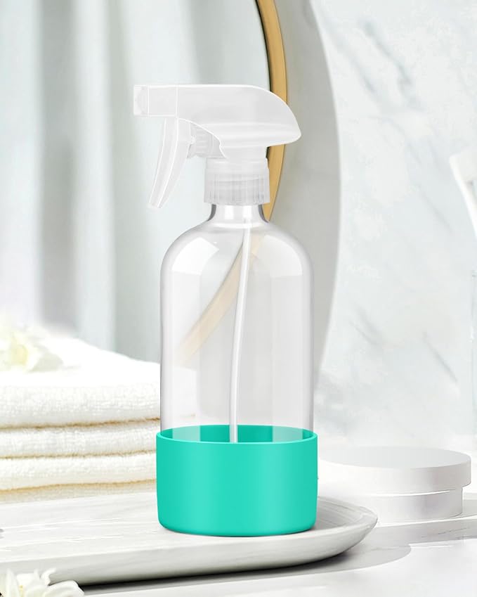 Rionisor Glass Spray Bottles with Silicone Sleeve Protection, Empty 16OZ Reusable Spray Bottles, Refillable Containers with Spray Nozzles for Cleaning Solutions, Plants and Essential Oils 1 Pack Green