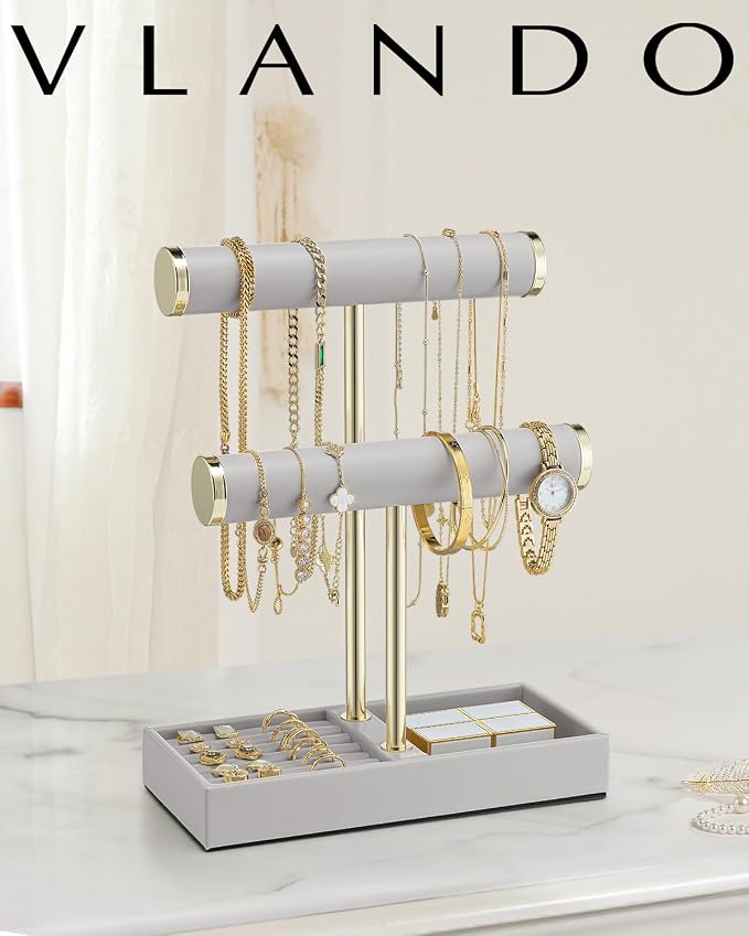 VLANDO 2 Tier Bracelet Holder with Tray - Leather Jewelry Stand Organizer for Women - Valentines Day Gift Her- Jewelry Holder Display for Necklace, Watches, Rings, Earrings, Bangle, Scrunchie - Grey