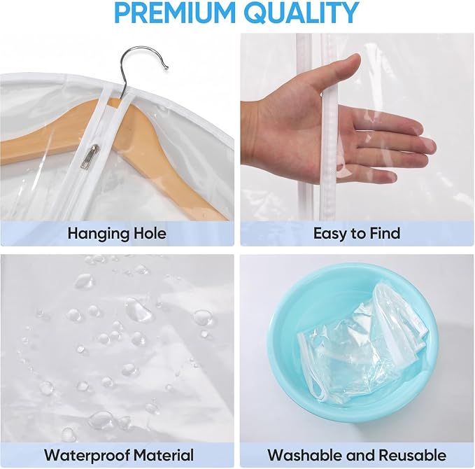 All Clear Garment Bags for Travel - 32” PEVA Waterproof Suit Cover with Zipper for Hanging Clothes, Shirts, Sweaters - Durable Dresser for Closet Storage, Dustproof & Moisture Resistant - 32”/12 Pack