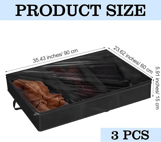 SATINIOR 3 Pcs 3 Section Under Bed Shoe Storage Boot Bag Black Underbed Shoe Organizer with Large Clear Pockets Fabric for Storage Men's and Woman's Boots