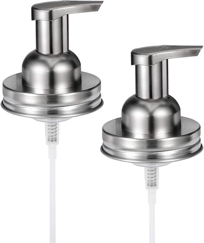 Amolliar Mason Jar Foaming Soap Dispenser Pump Lids, Rustproof Stainless Steel Lid Plastic Pump for Regular Mouth Mason Jar, Kitchen Bathroom Farmhouse Decor, Waterproof Stickers, Brushed Nickel 2Pack