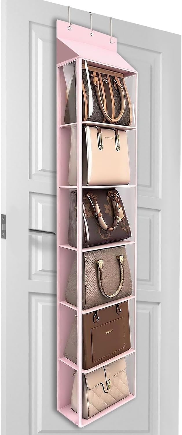 Lirex Over The Door Purse Organizer & Purse Shelf for Closet – Handbag Storage Organizer with Purse Hanger. Perfect for Scarves, Hats, and Leggings. S (11.8'' x 5'' x 51.6''), Pink