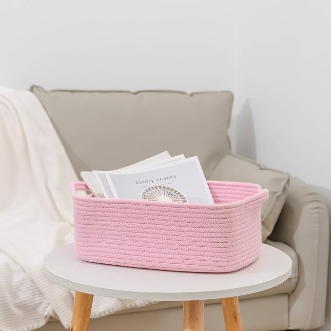 CubesLand Cute and Durable Small Cotton Rope Basket for Organizing | Woven Closet Storage Bin,Shelves Closet Storage Basket, Bathroom Storage Organizer Bin, Nursery Toy Basket Bin, Pink Basket
