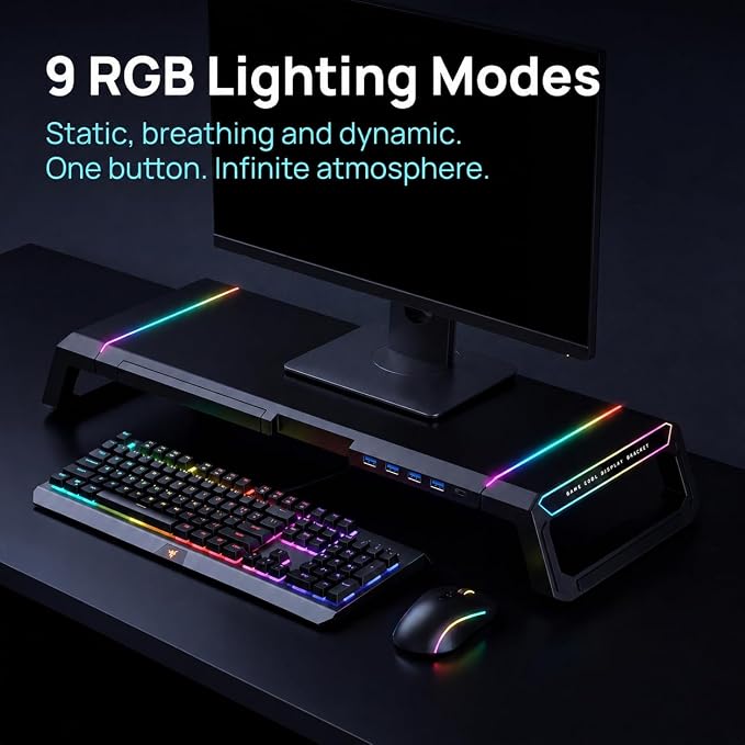 Monitor Stand Riser for Desk, Foldable Computer Monitor & Laptop Stand with Drawer, 4 USB 2.0 Ports, RGB Lighting, Phone & Tablet Holder, 72 lb Capacity (Black)