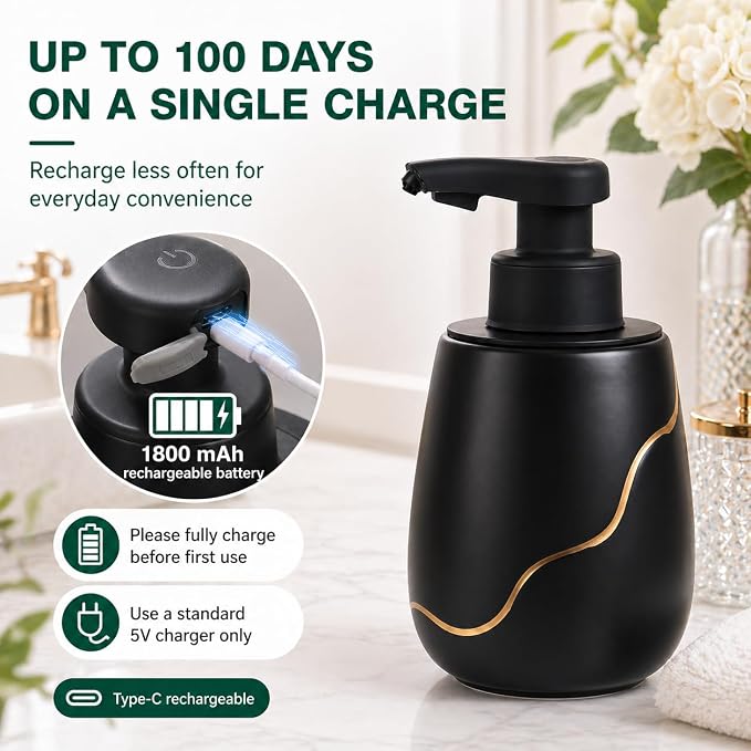 BosilunLife Automatic Foaming Soap Dispenser - Touchless Foam Hand Wash Dispenser for Bathroom Black Ceramic Smart Electric Auto Dish Soap Dispenser Waterproof, USB C Rechargeable, 17 oz/500 ml