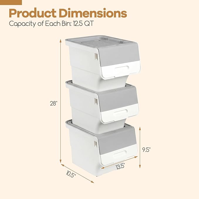 Giantex Plastic Stackable Storage Bins with Lids & Wheels, 3 Pack Open Front Stacking Bins, Organizer Bins for Pantry, Kitchen, Laundry, Closet, Playroom, Bedroom Organization （12.5 QT）