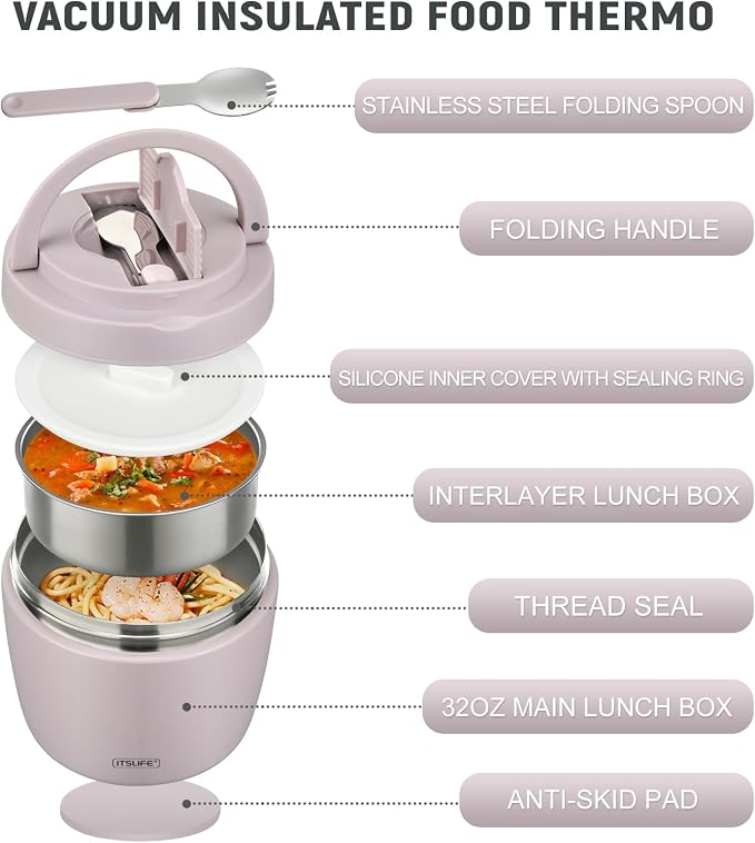 Itslife 32oz Insulated Soup Thermo, Vacuum Stainless Steel Food Jar for Hot & Cold Food, Leakproof Wide Mouth Lunch Container with Spoon, Light Purple