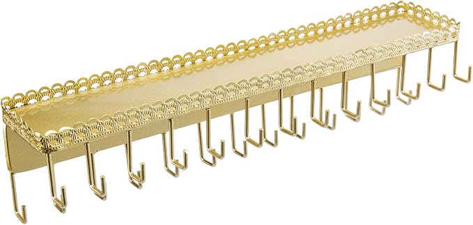 MyGift 15 Inch Wall Mounted Gold Tone Metal Jewelry Organizer & Display Shelf with Vintage Lace Design, Hanging Perfume Storage and 26 Hook Necklace Hangers