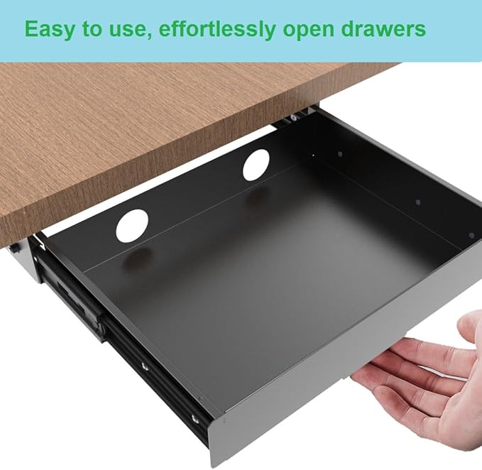 Under Desk Mounted Slide out Drawer, W 13.4" x D 9.3" Storage Organizer with Cable Management，Pull Out Add-On Storage for Office & Standing Desks with High Crossbar, Metal, Black (Medium)