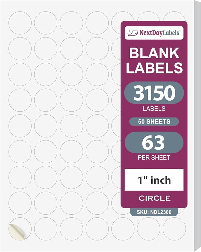 NextDayLabels 1 Inch Round Circle Stickers White Blank Labels for Laser Inkjet Printer - 63 Per Sheet Self-Adhesive Color Coding Organization Made in USA - 3150 Labels