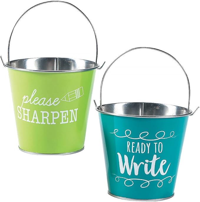 Fun Express Sharp & Dull Pencil Holder, 2 Pack Metal Pail Set | Classroom Organization and Storage, Pencil Dispenser, Elementary School Teacher Desk Accessories, Teacher Must Haves
