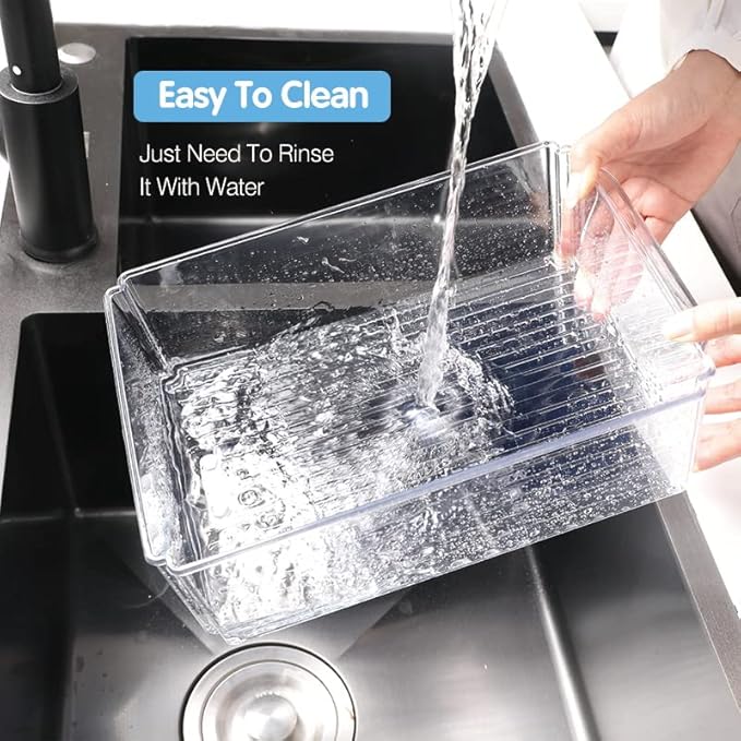 KUMD 14-Pack Clear Fridge Organizer Bins with Lids, Stackable Refrigerator Storage Containers, BPA-Free with Drain Tray & Anti-Slip Base for Fruits, Veggies, Drinks