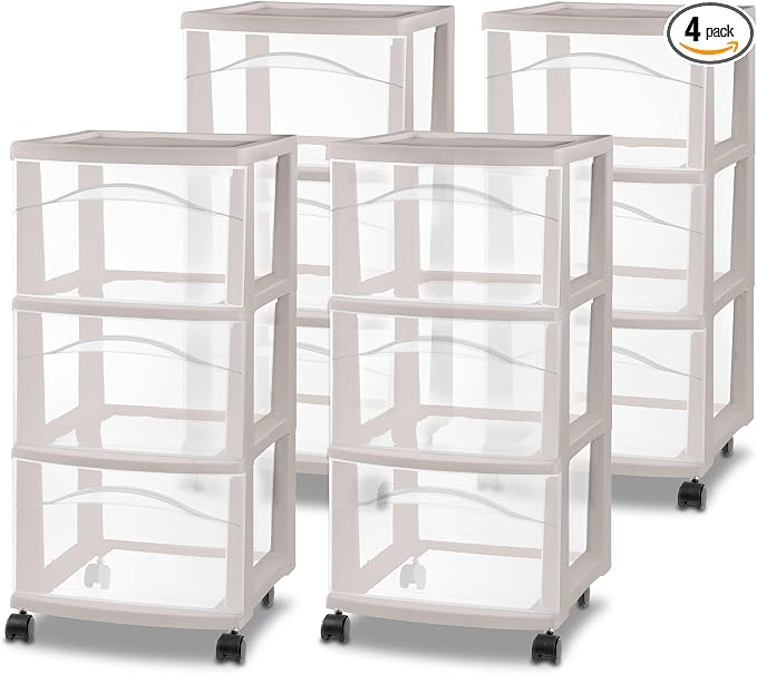 Sterilite 4 Pack 3 Drawer Storage Cart, Rolling Organization, Grey Pumice