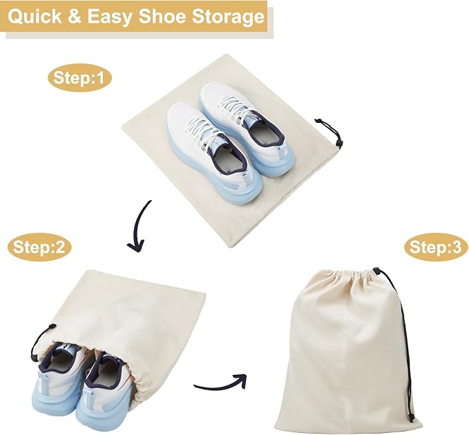 4 Pack Shoe Bags for Travel, Shoes Pouch with Partition Design & Drawstring Closure, Shoe Bags for Storage, Travel Essentials for Men Women (Beige)