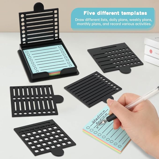 Sticky Note Holder with 5 Different Stencil, 3x3 Sticky Note Stencil Dispenser with Anti-Skidding Mats for Room and Office Desk Organizer(Color:Black)