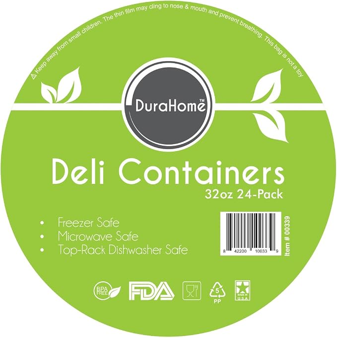 DuraHome - Deli food Storage Containers with Lids 32 oz, Quart Pack of 24 Leak-proof Freezer Safe Microwaveable Soup Storage Container - Clear Plastic Premium Quality