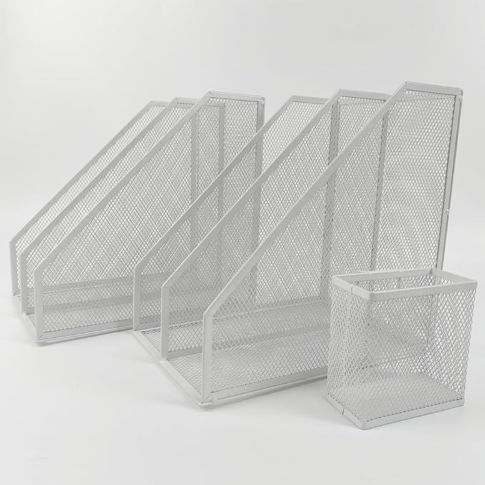 Mesh Magazine File Holder, 2 Pack Set, Desk Organizer | Sturdy metal mesh file holder. 2 compartments for magazines, documents. Desktop storage for office & home. White.