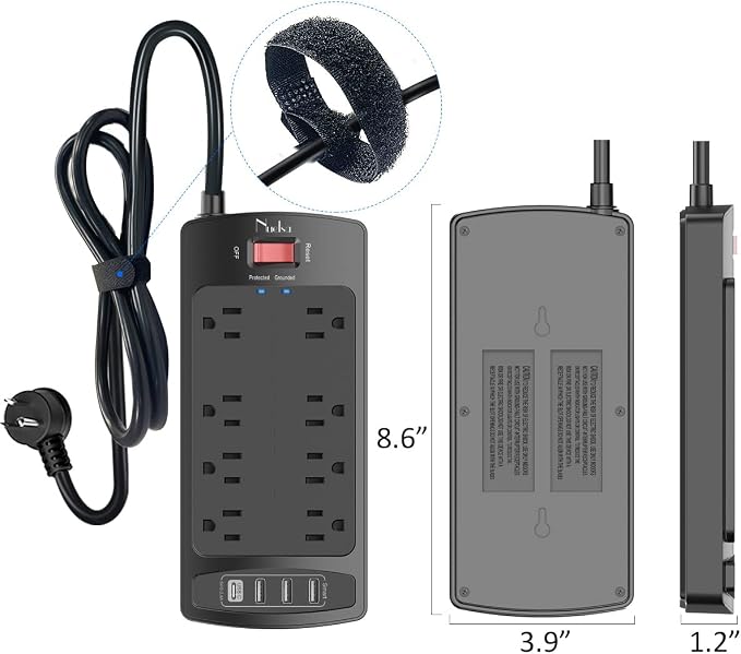 Surge Protector Power Strip - Nuetsa Flat Plug Extension Cord with 8 Outlets and 4 USB Ports, 6 Feet Power Cord, 2700 Joules, ETL Listed, Black