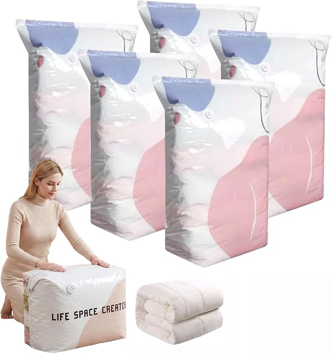 No-Pump Vacuum Storage Bags, Upgrade Large Compression Storage Bags, 3D Standing Upright Design, Pump-Free Press & Seal for Clothes, Comforters, Blankets, Bedding, (5Pack)