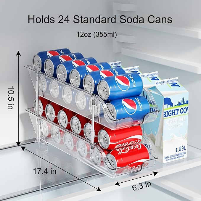 Sotfamily Stackable Soda Can Organizer for Pantry or Fridge, Holds 48 Cans | 2-Pack Space-Saving Drink Organizer for Fridge, Clear Pop can & Food can Dispenser/Holder/Storage/Container for Refrigerator