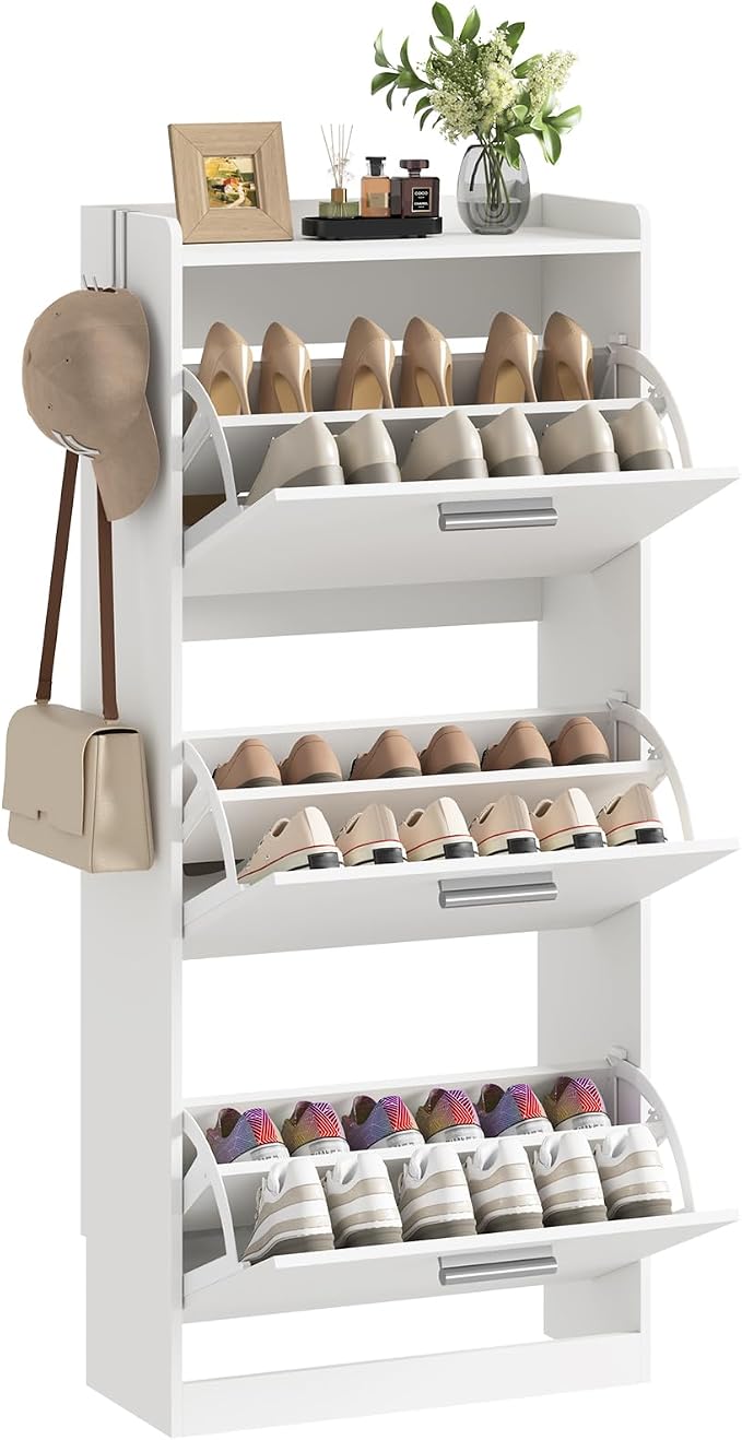 Shoe Cabinet Organizer with 2 Flip Drawers，Freestanding Shoe Rack Cabinet，Narrow Shoe Cabinet Storage for entryway，Foyer, Hallway, White UM2SC423W