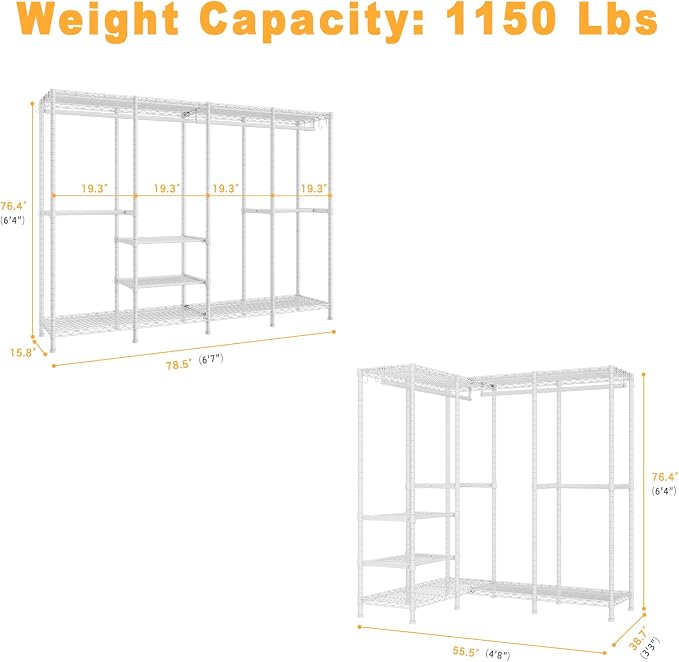 ULIFHOME H41 Garment Rack Heavy Duty Clothes Rack, Clothing Racks for Hanging Clothes, Extra Large Freestanding Portable Closet Wardrobe Rack 78.5'' W × 15.8'' D × 76.4'' H, Max Load 1150 Lbs, White