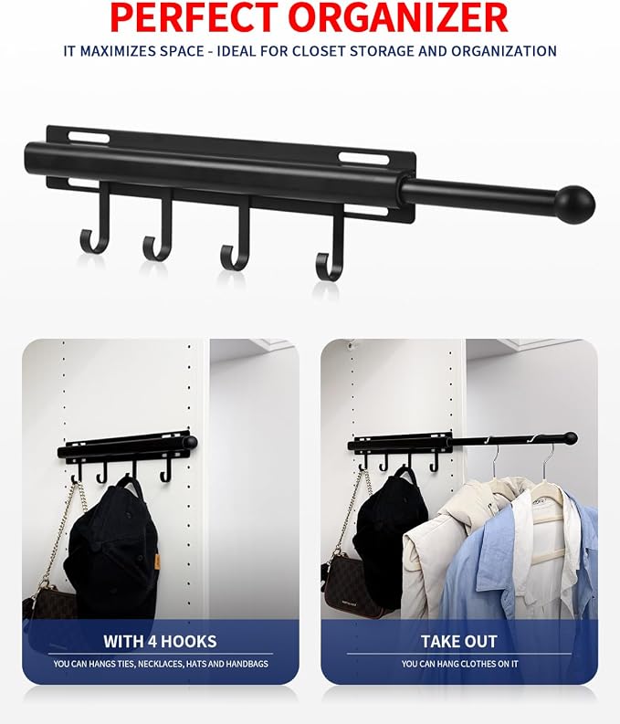 BaiNong Valet Rod for Closets Pull Out 12" Black with 4 Hooks | Closet Valet Rod Slide Out for Closets, Laundry Rooms, RVs Space-Saving