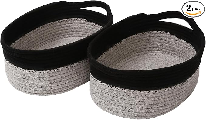 JMvicyroam Woven Basket,Small Rope Storage Bin with Handles & Ribbon Bag, Organizer for Shelves Closets,Gift Basket Empty for Birthday,Books,Dog Toys, Black&Grey/2 Pack